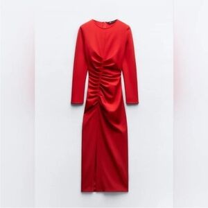 Zara Red Ruched Midi Dress